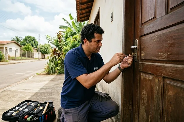 Profissional abrindo uma porta com ferramentas específicas de chaveiro.