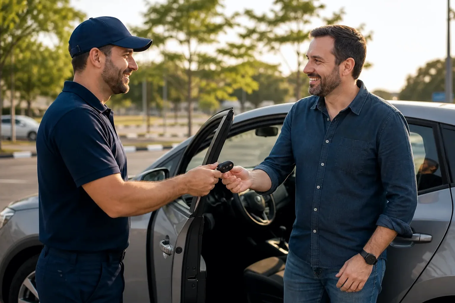 Profissional de chaveiro abrindo um carro.
