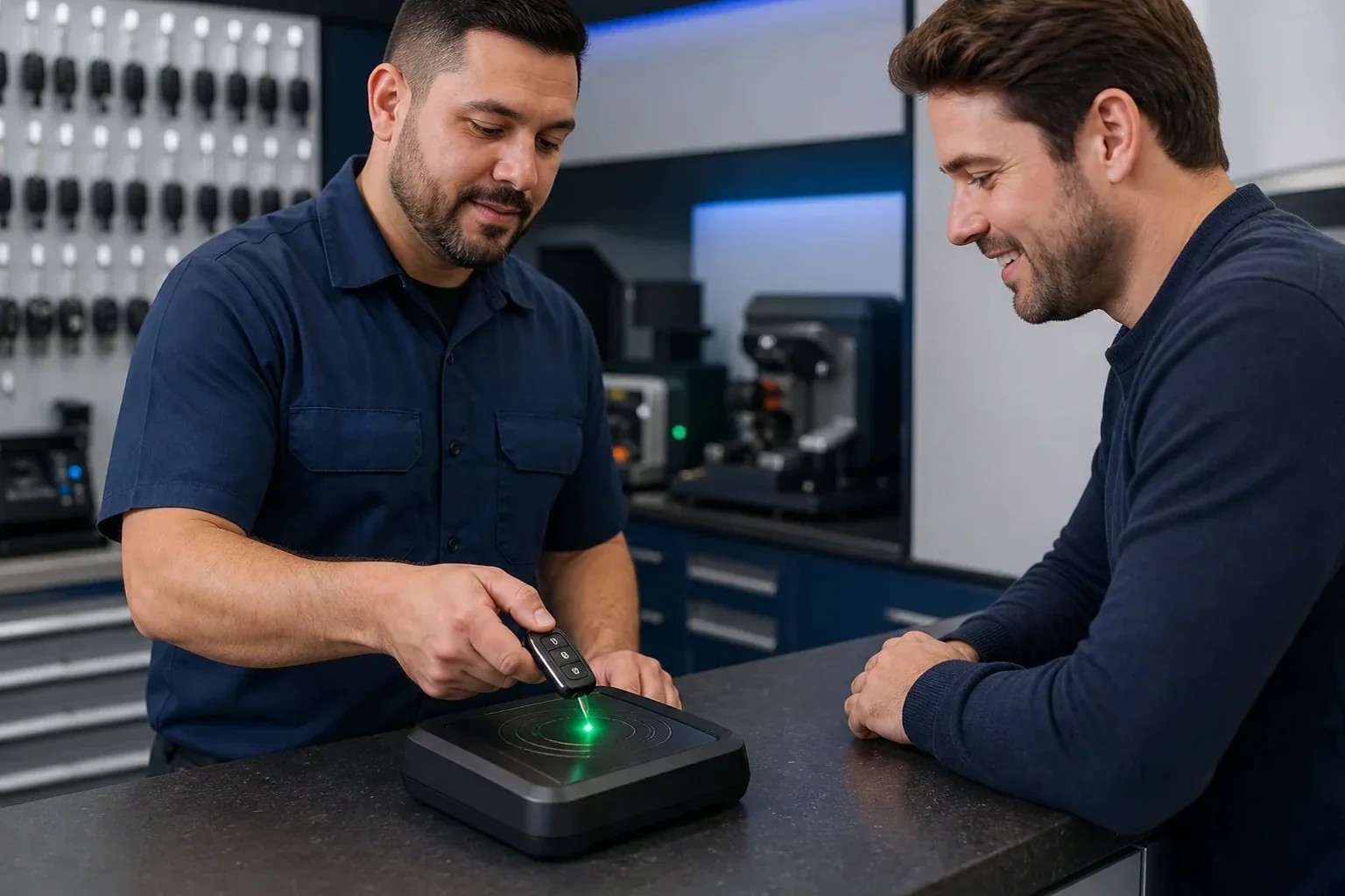 Técnico programando uma chave de carro.